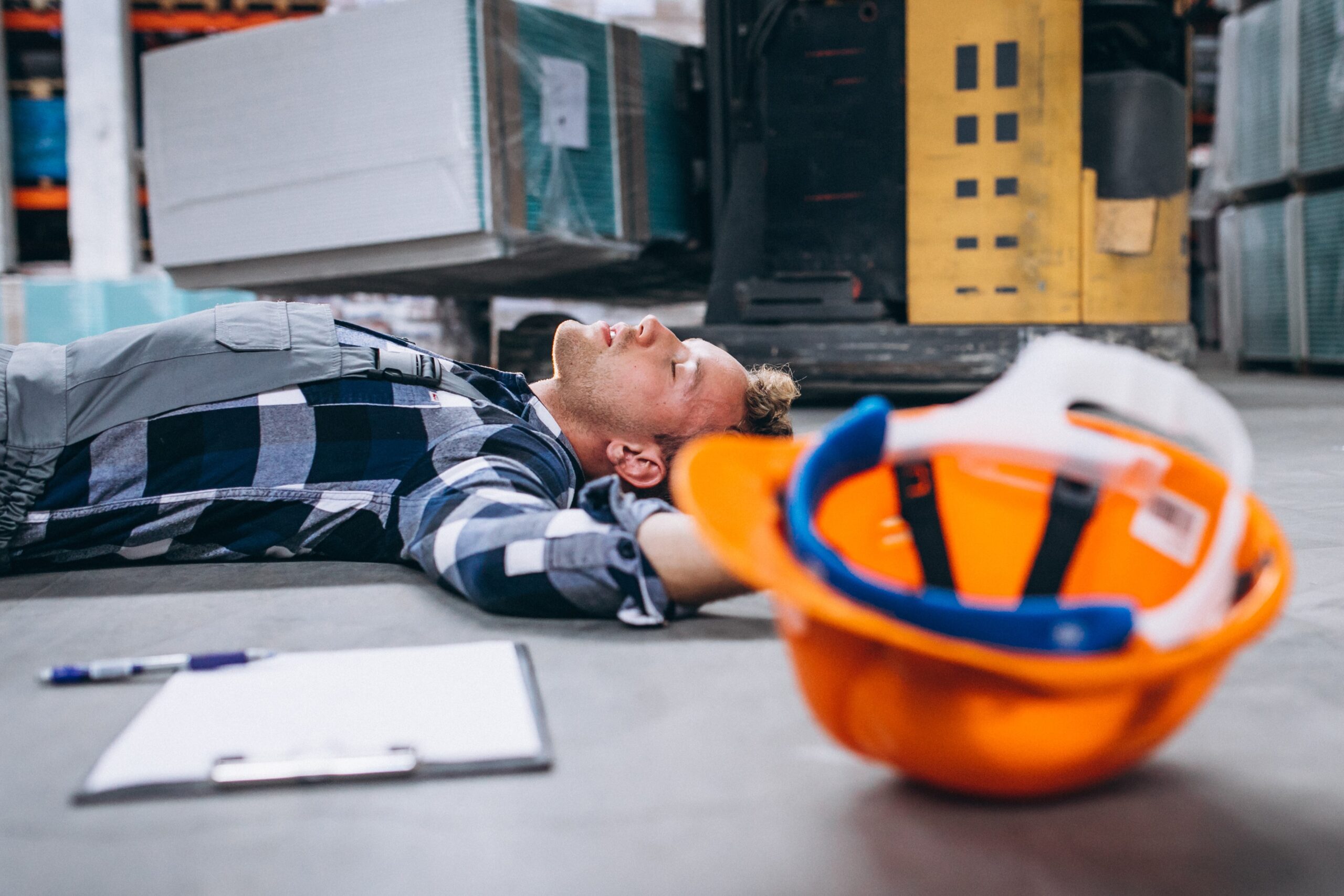 An accident at a warehouse, man on floor